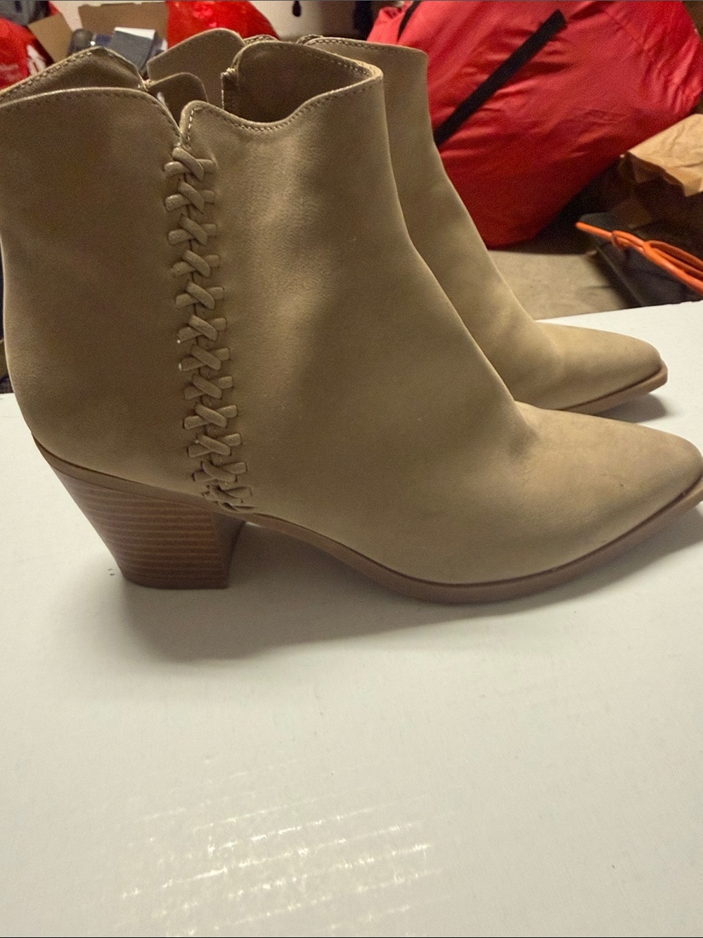 MIA Tan Suede Ankle Booties with Braided Side Detail